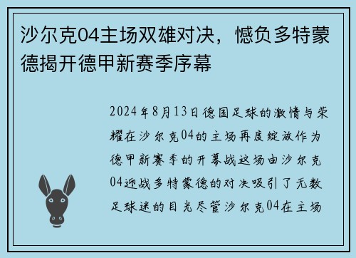 沙尔克04主场双雄对决，憾负多特蒙德揭开德甲新赛季序幕