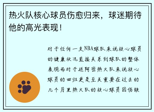 热火队核心球员伤愈归来，球迷期待他的高光表现！